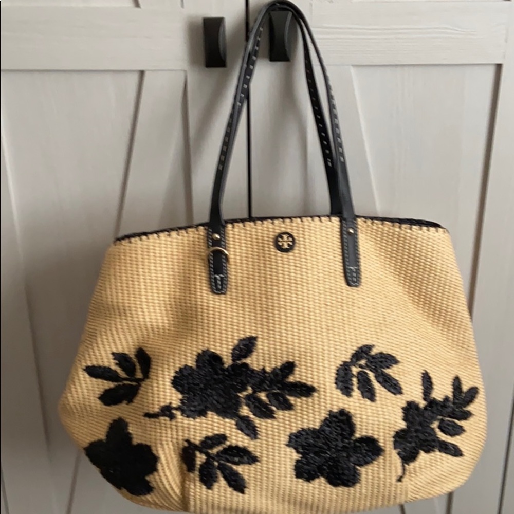 TORY BURCH EMBROIDERED STRAW TOTE